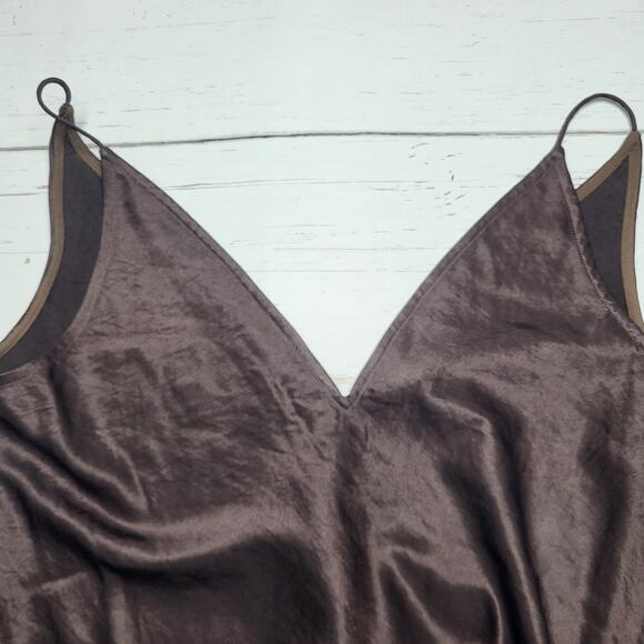 Madewell Satin Sleeveless Maxi Slip Dress V Neck Carob Brown Front Slit XS 2 - Picture 5 of 10